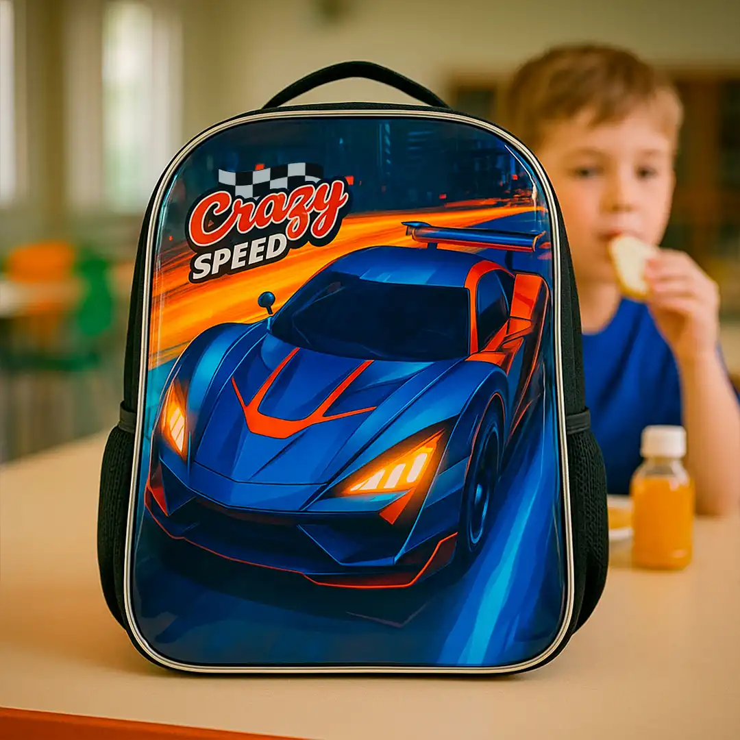MOCHILA INFANTIL CRAZY SPEED CARRO ESPORTIVO 43CX31CM PRETO