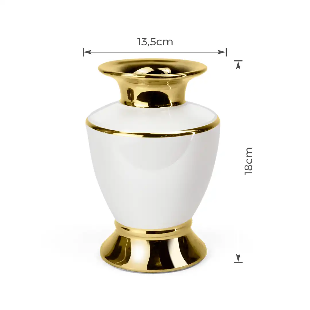VASO DE PORCELANA DECORATIVO BRANCO COM DETALHES DOURADOS 18CM