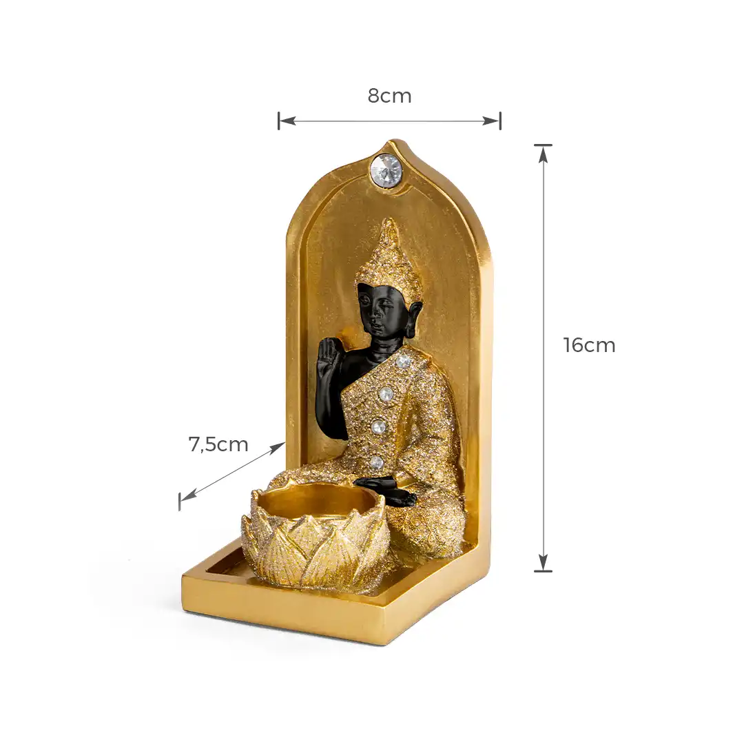 ENFEITE DECORATIVO BUDA EM RESINA PRETO E DOURADO COM BASE DE FLOR DE LÓTUS – 16x8x7,5CM

