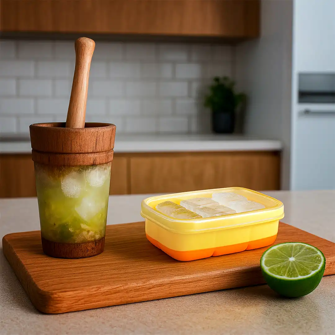 FORMA PARA GELO PLASTICO E SILICONE COM TAMPA AMARELO-LARANJA