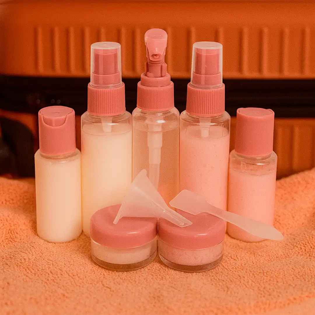 KIT FRASCOS PARA VIAGEM 10 PEÇAS COM ESTOJO – ROSA PRÁTICO E COMPACTO