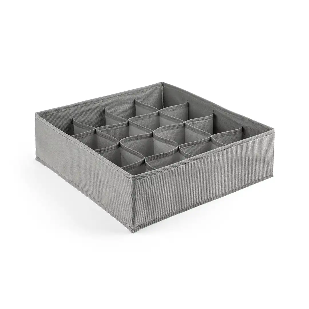 ORGANIZADOR DE GAVETAS DOBRÁVEL COM 16 DIVISÓRIAS EM TNT E MDF – CINZA