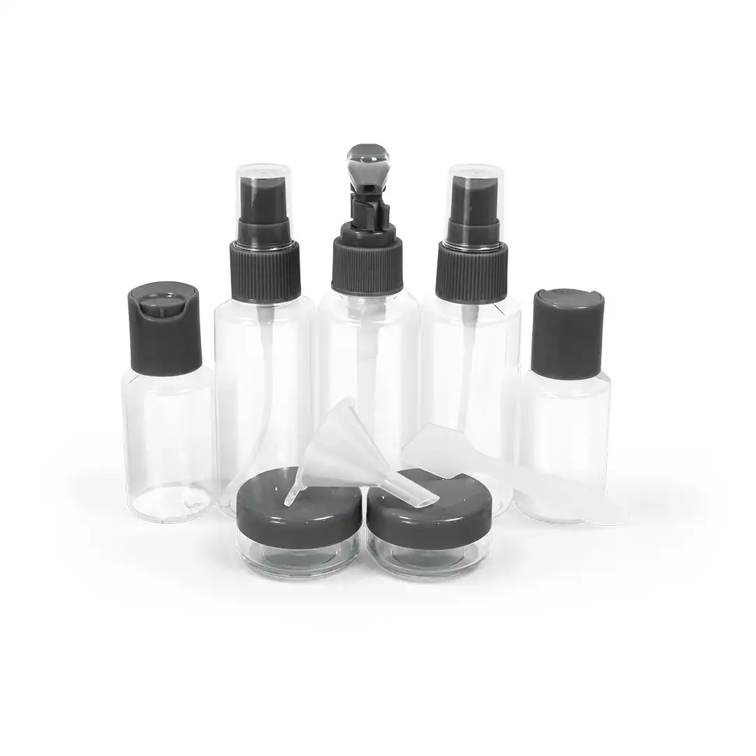 KIT FRASCOS PARA VIAGEM 10 PEÇAS COM ESTOJO – CINZA PRÁTICO E COMPACTO