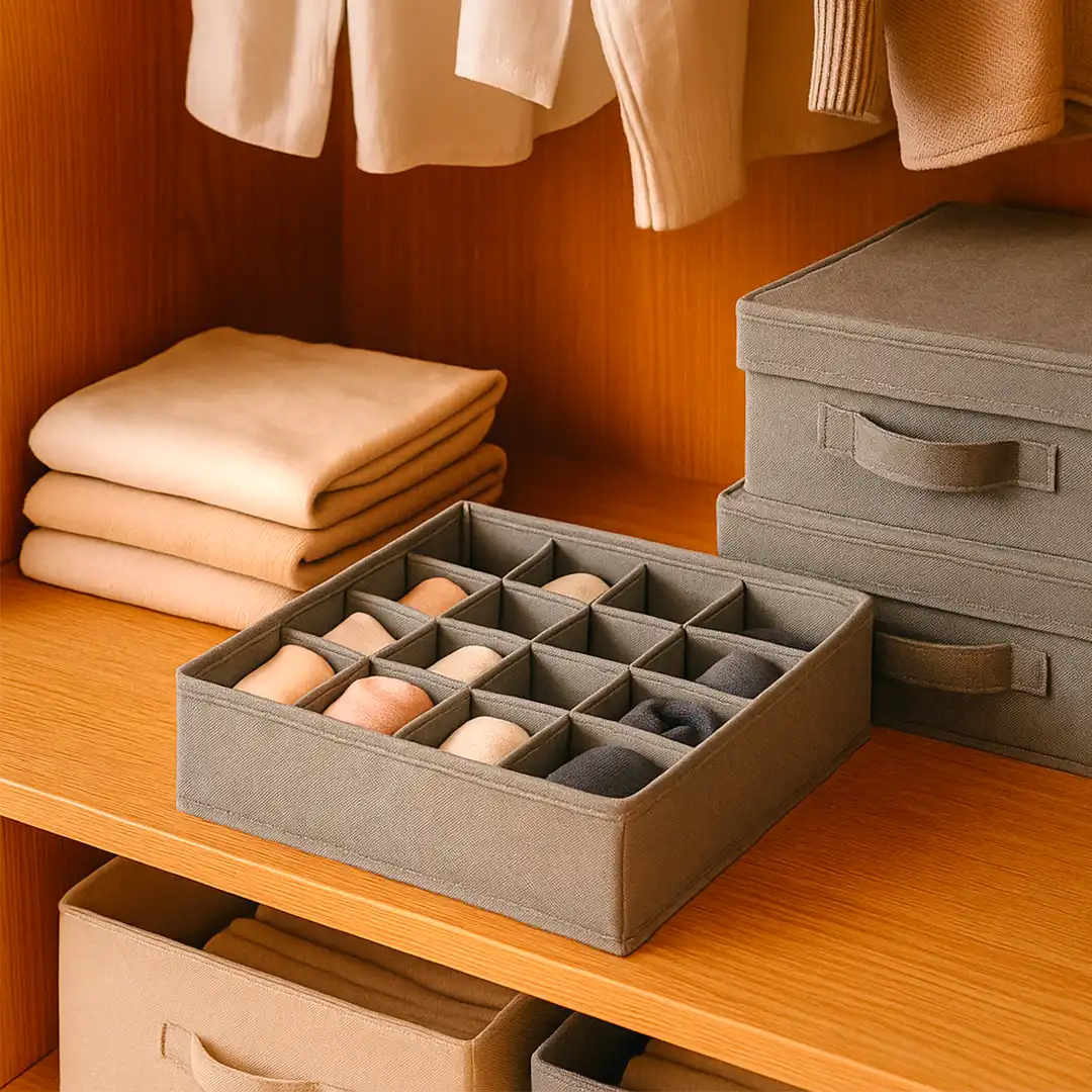 ORGANIZADOR DE GAVETAS DOBRÁVEL COM 16 DIVISÓRIAS EM TNT E MDF – CINZA