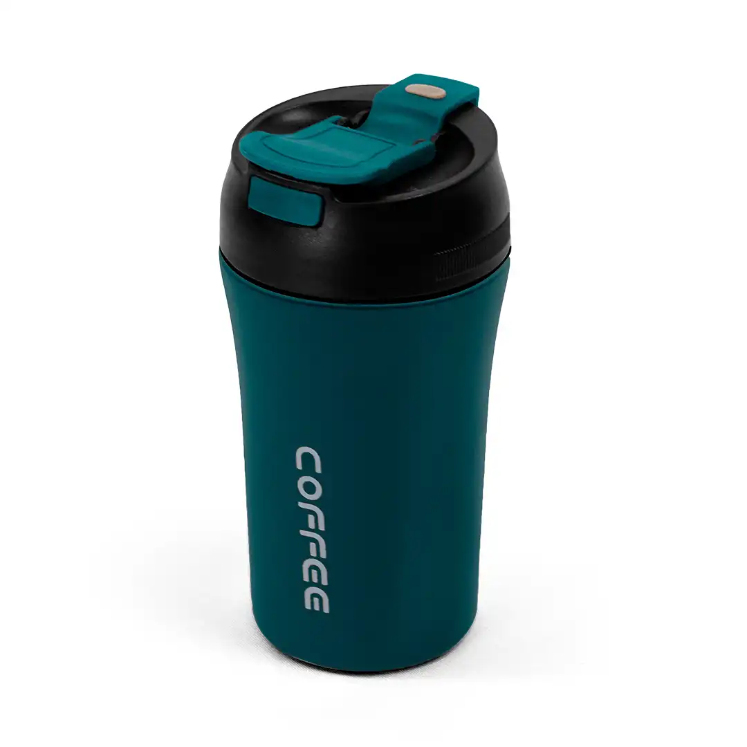 COPO TÉRMICO VERDE 420ML COM TAMPA ANTIVAZAMENTO E INTERIOR EM INOX