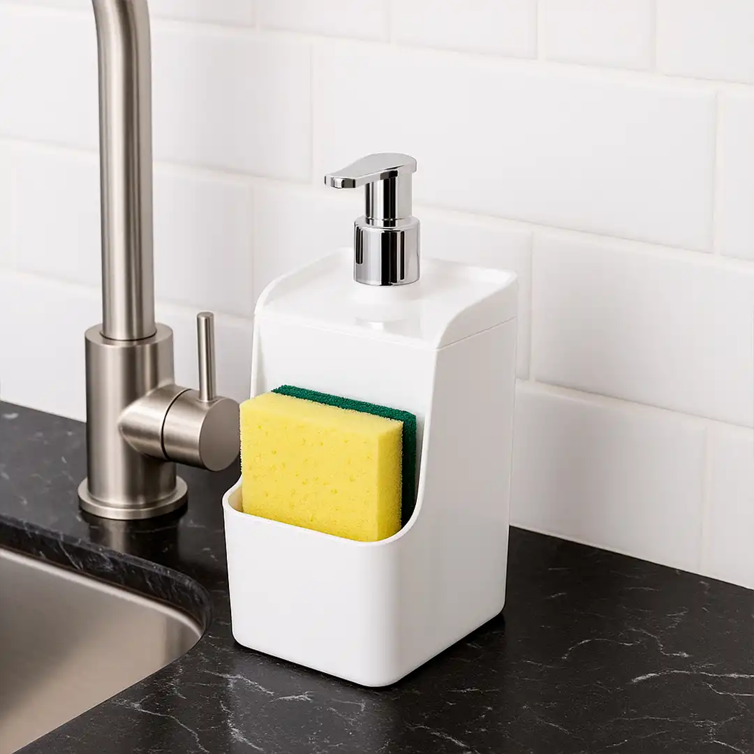 PORTA DETERGENTE BRANCO COM PORTA-ESPONJA – 18,5 CM