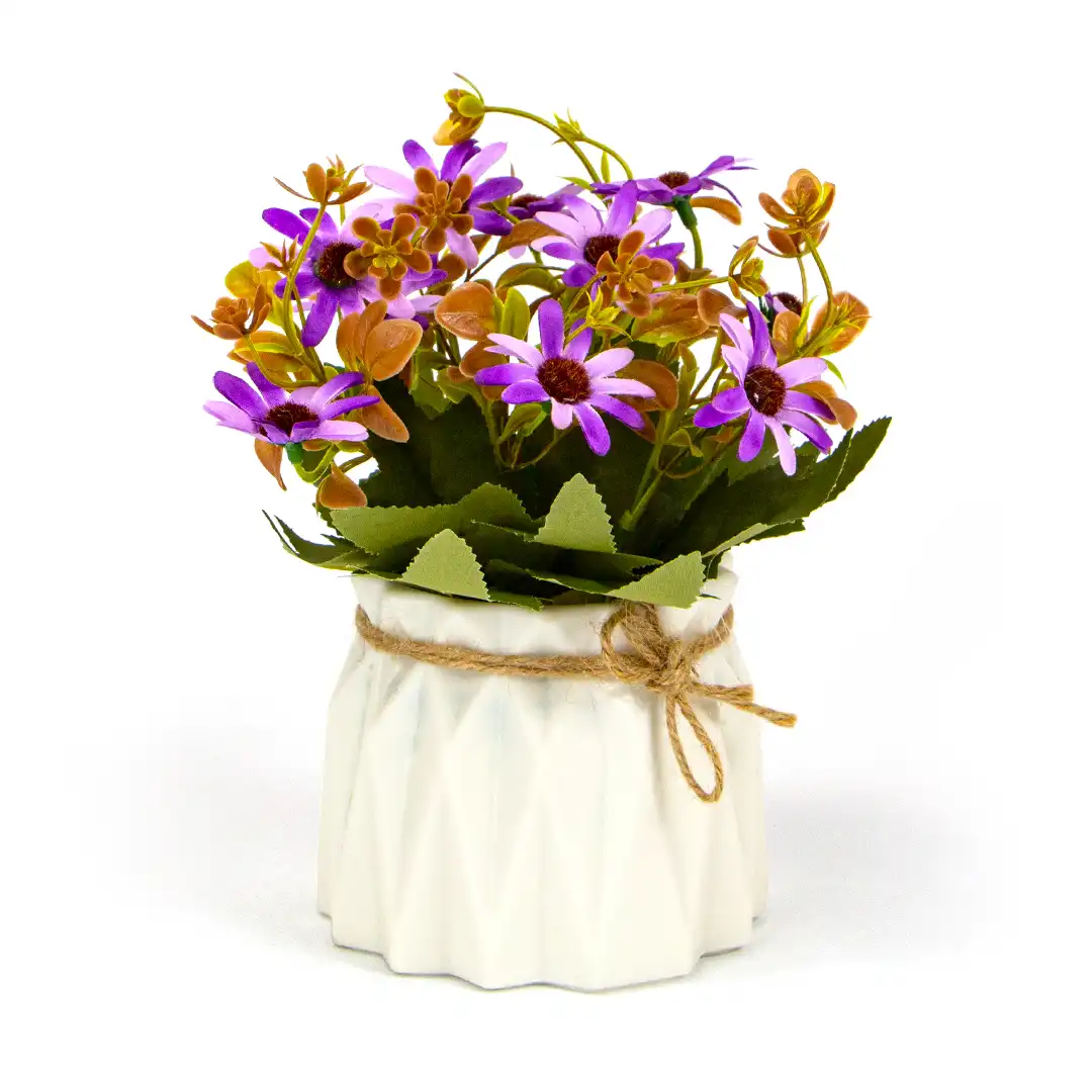 VASO DECORATIVO BRANCO COM FLORES ARTIFICIAIS ROXO – 20 CM


