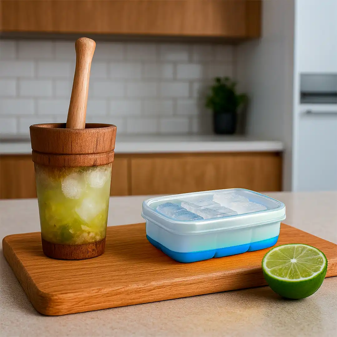 FORMA PARA GELO PLASTICO E SILICONE COM TAMPA BRANCO-AZUL