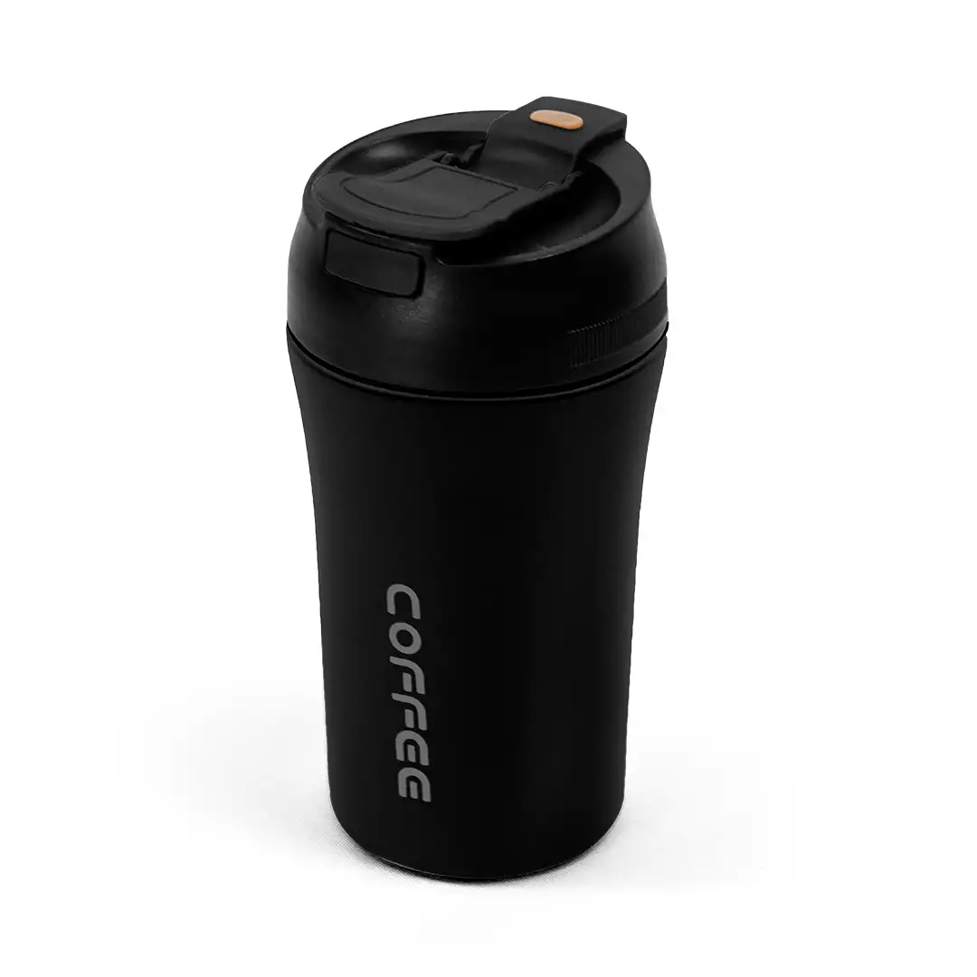 COPO TÉRMICO PRETO 420ML COM TAMPA ANTIVAZAMENTO E INTERIOR EM INOX