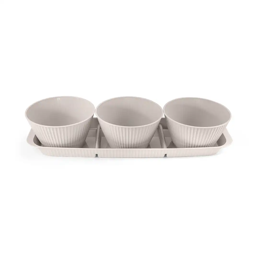 CONJUNTO 3 TIGELAS DE 400ML COM BANDEJA 3 DIVISÕES EM POLIPROPENO CINZA CLARO - P 36CM