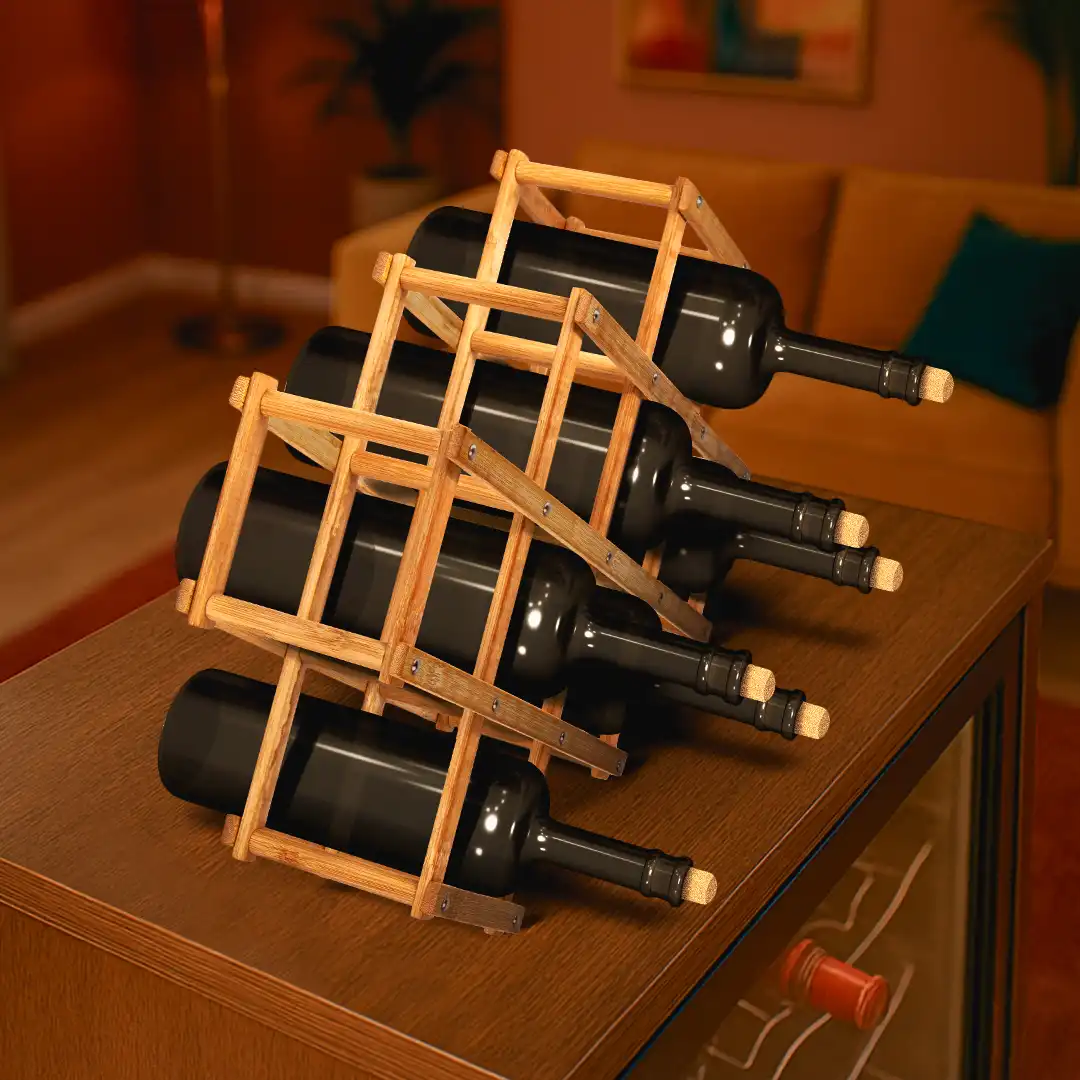 SUPORTE DE MADEIRA PARA VINHOS – 10 GARRAFAS - ORGANIZADOR DOBRÁVEL 