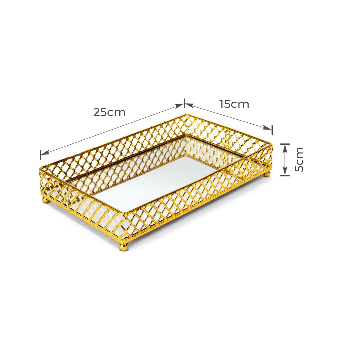 BANDEJA DECORATIVA ESPELHADA DOURADA RETANGULAR 25CM