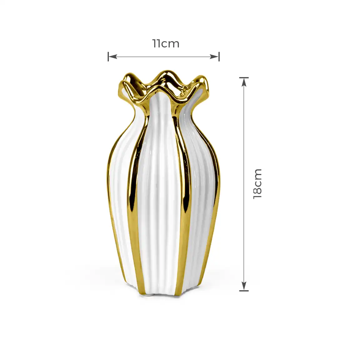 VASO DE PORCELANA DECORATIVO BRANCO COM DETALHES DOURADOS 18CM