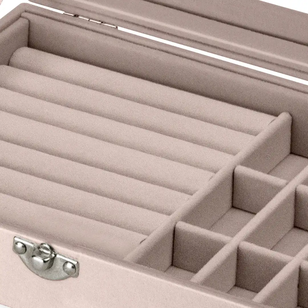 PORTA JOIAS VELUDO E TAMPA DE VIDRO TRANSPARENTE E MDF CINZA