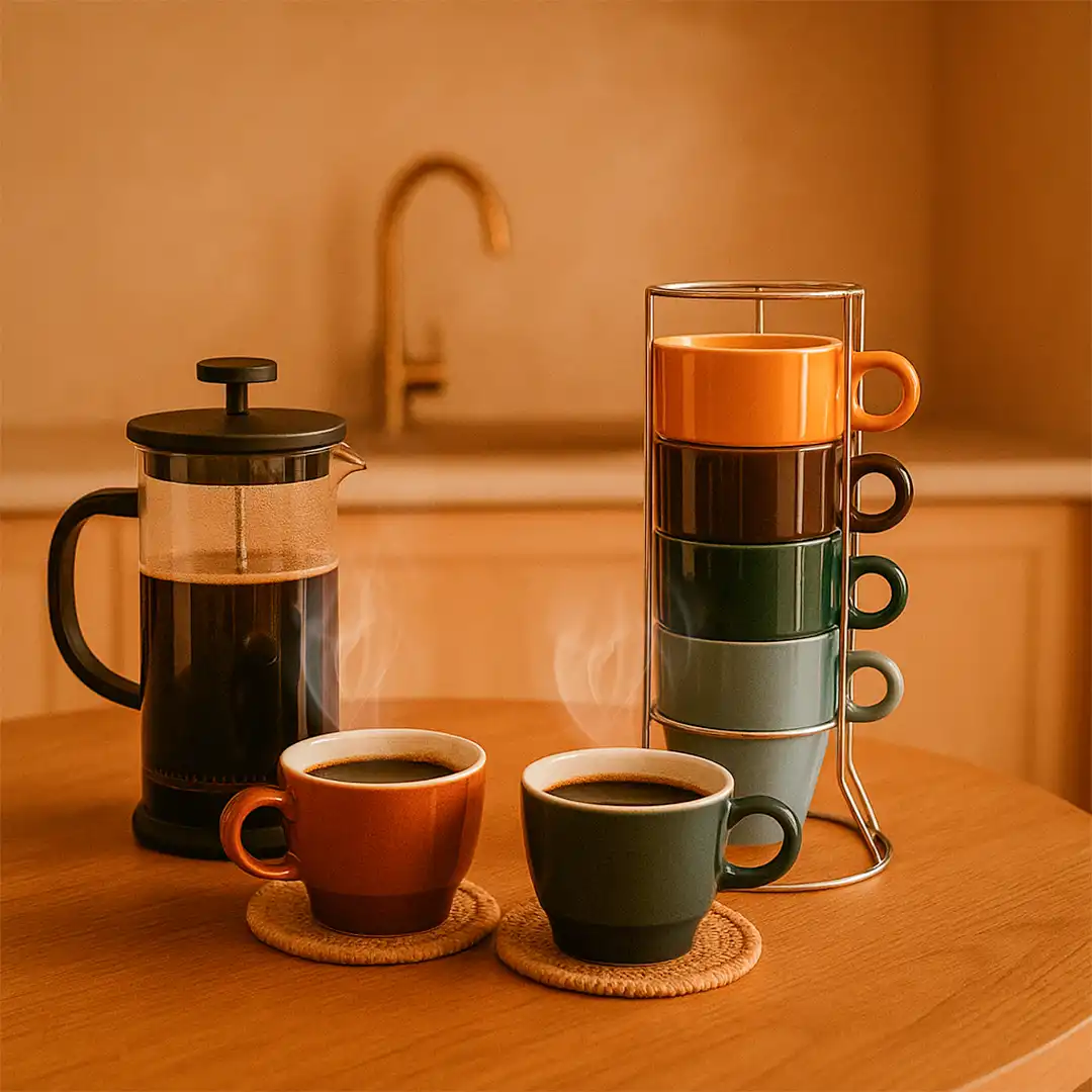 CONJUNTO 6 XÍCARAS DE CERÂMICA EMPILHÁVEIS COM SUPORTE METÁLICO – COLORIDAS E COMPACTAS

