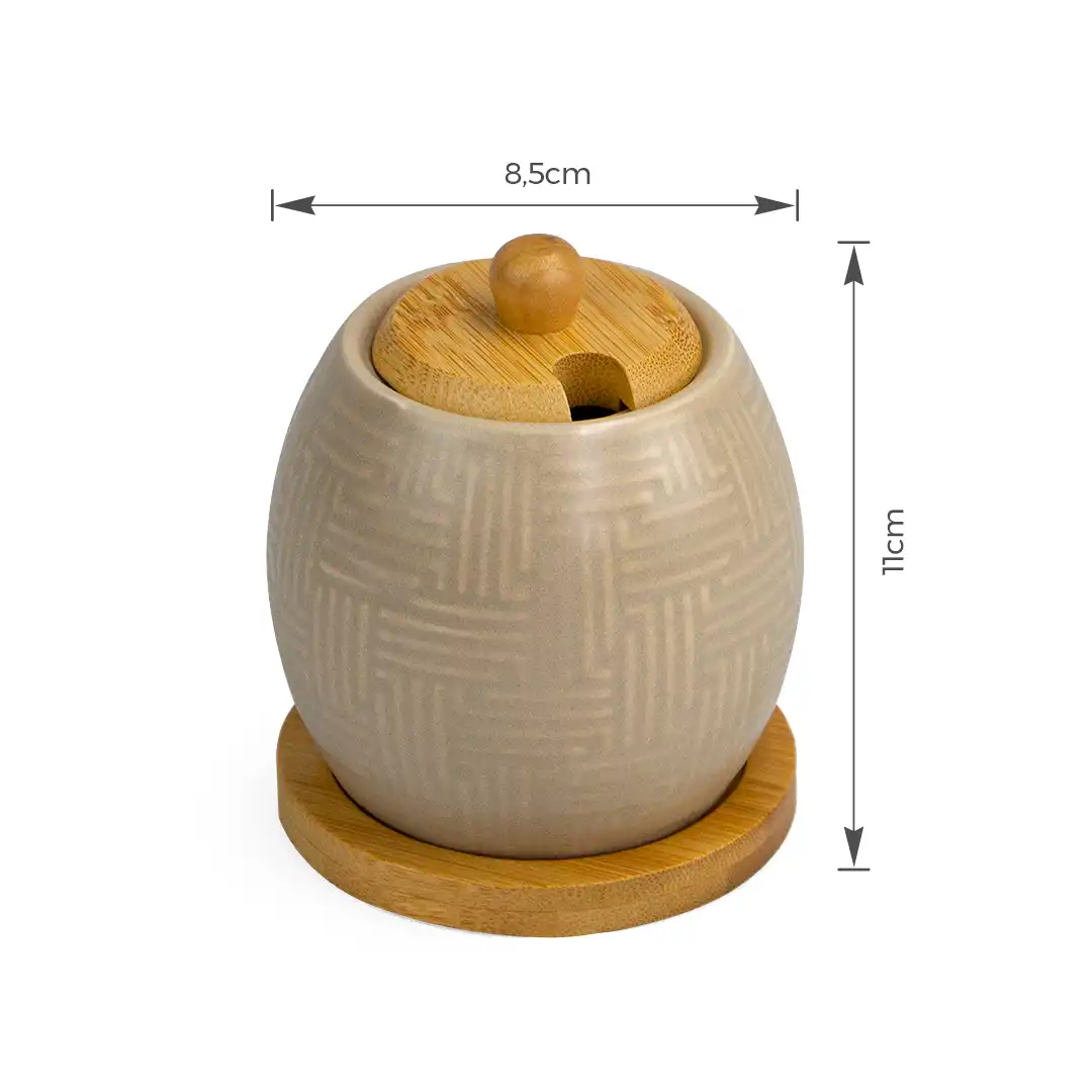 PORTA TEMPEROS DE CERÂMICA COM COLHER E TAMPA DE BAMBU