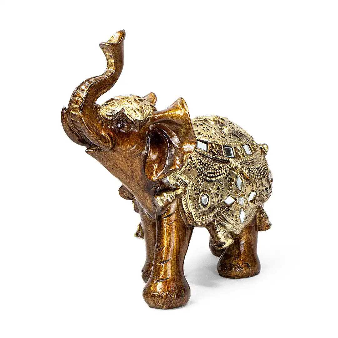 ELEFANTE INDIANO DECORATIVO DE RESINA COM DETALHES DOURADOS 17CM