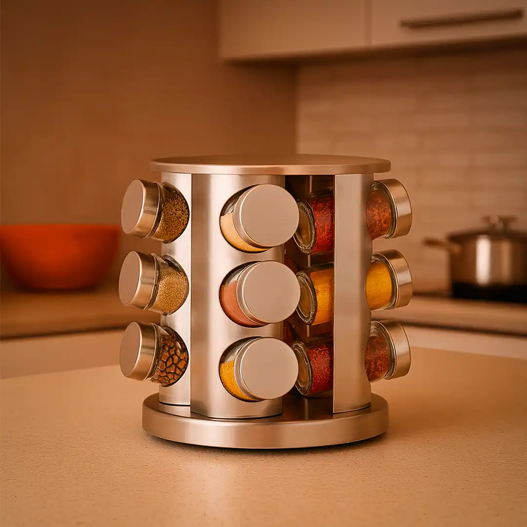 PORTA CONDIMENTOS GIRATÓRIO EM INOX COM 12 POTES DE VIDRO PARA TEMPEROS