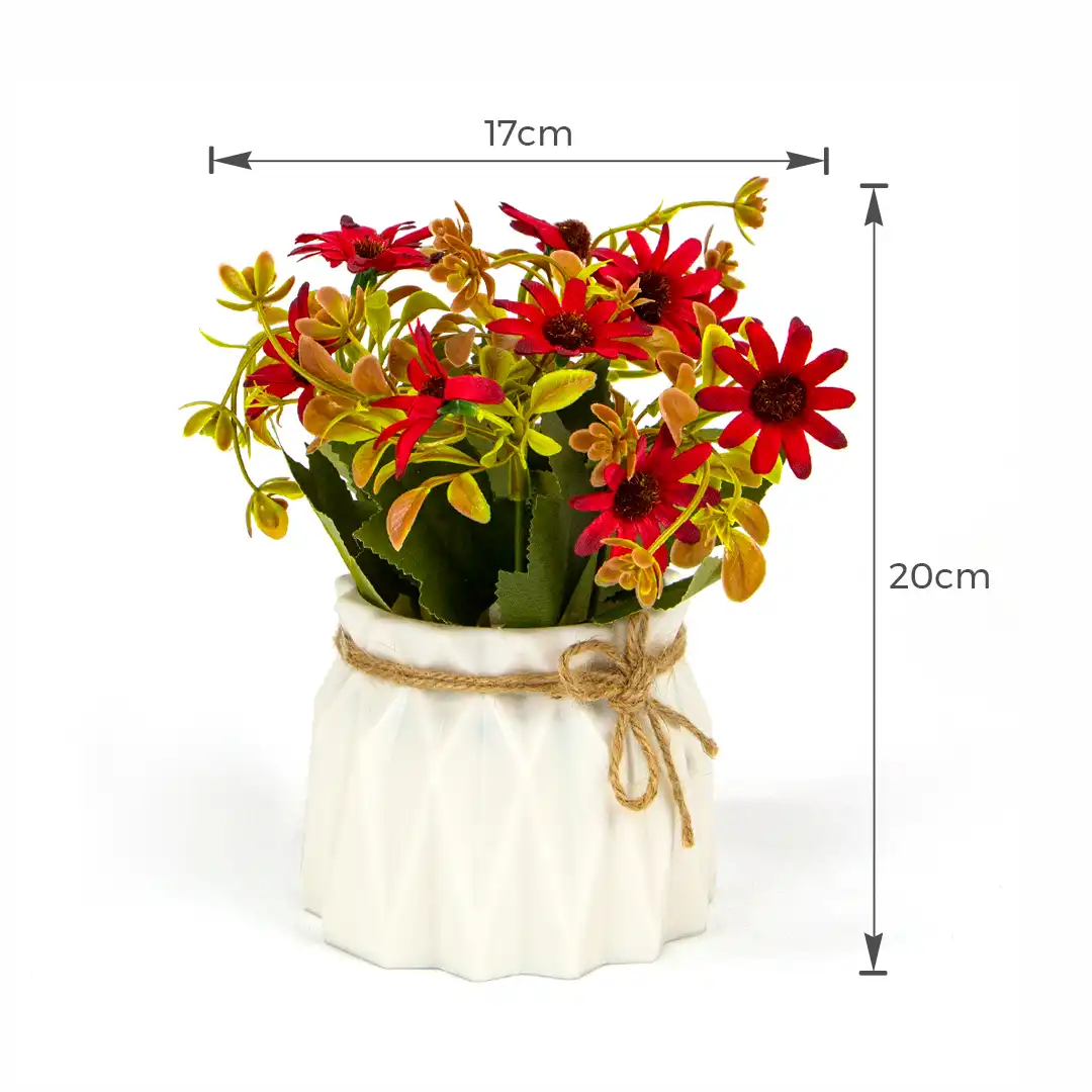 VASO DECORATIVO BRANCO COM FLORES ARTIFICIAIS VERMELHO – 20 CM


