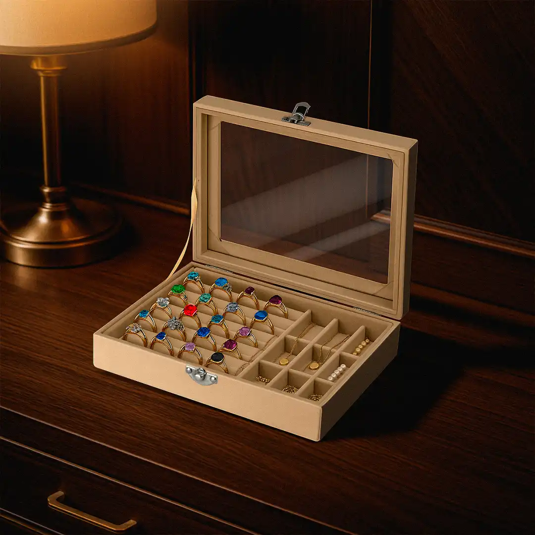 PORTA JOIAS VELUDO E TAMPA DE VIDRO TRANSPARENTE E MDF BEGE