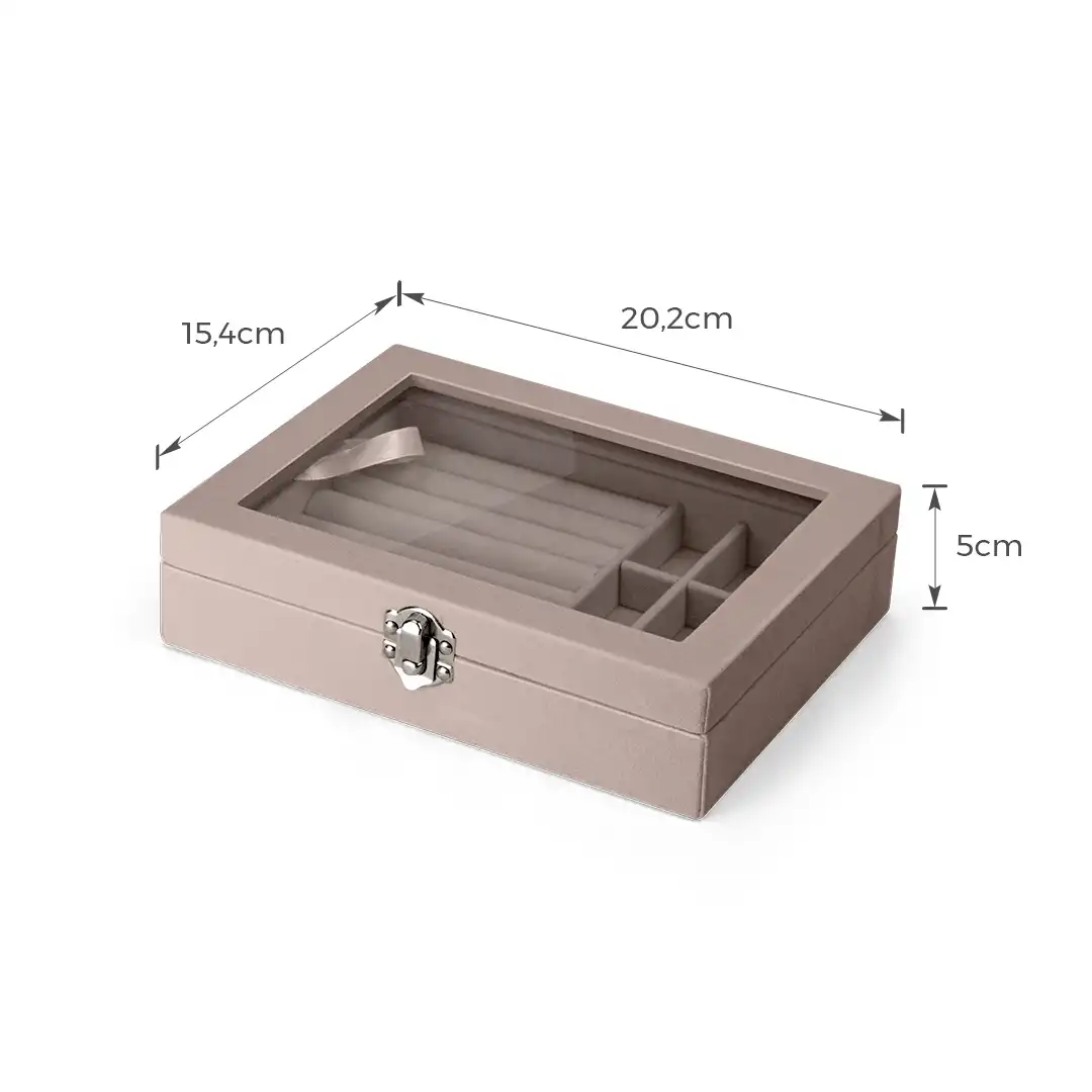 PORTA JOIAS VELUDO E TAMPA DE VIDRO TRANSPARENTE E MDF CINZA