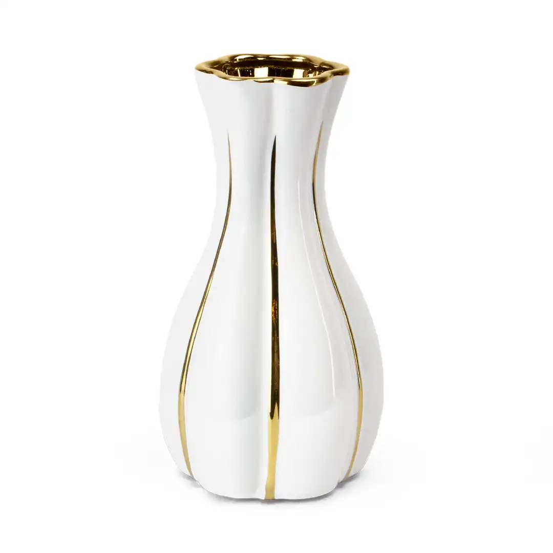 VASO DE PORCELANA DECORATIVO BRANCO COM DETALHES DOURADOS 18,5CM