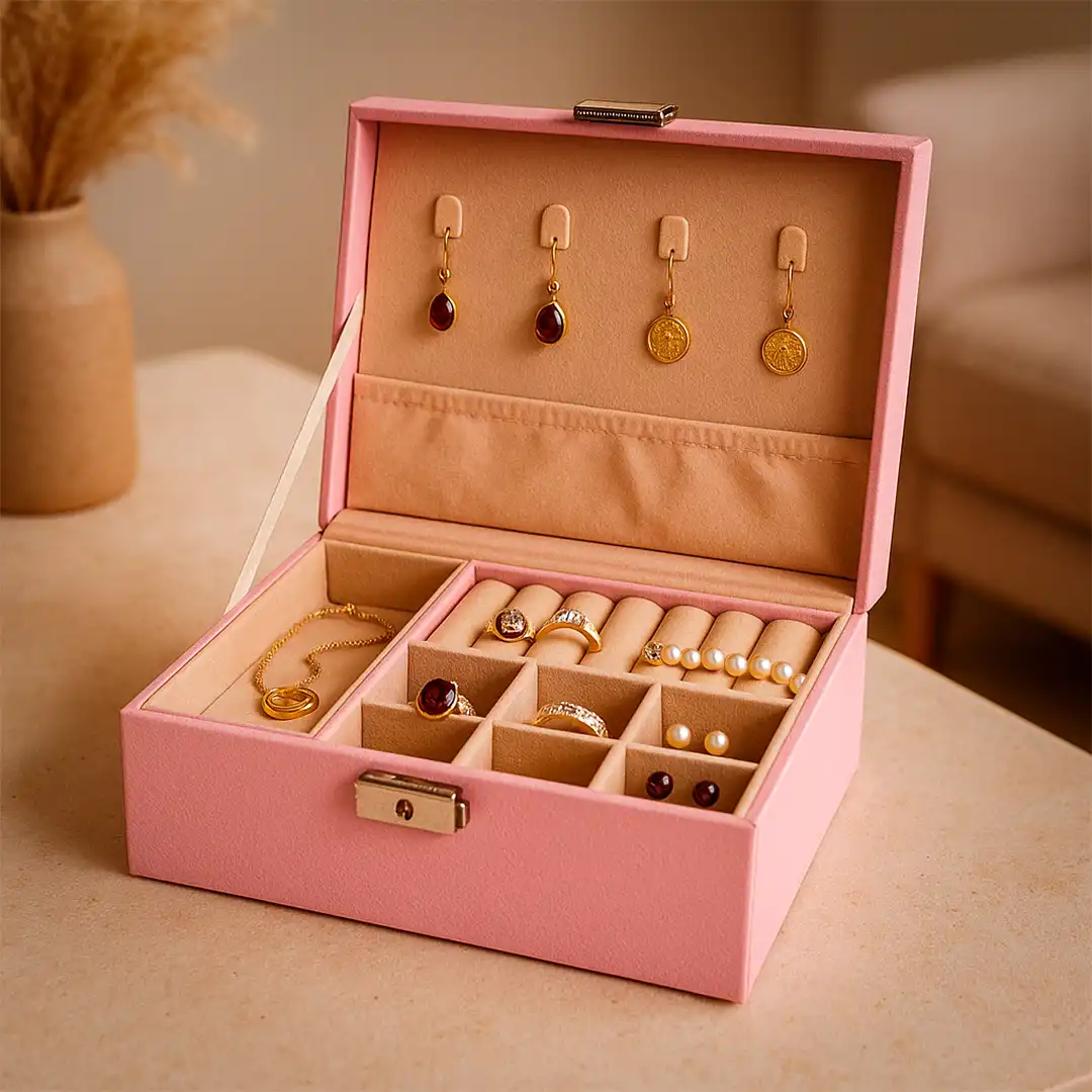 PORTA JOIAS FORMATO DE MALETA 2 ANDARES ROSA FECHO METÁLICO – 23X17X8,5CM