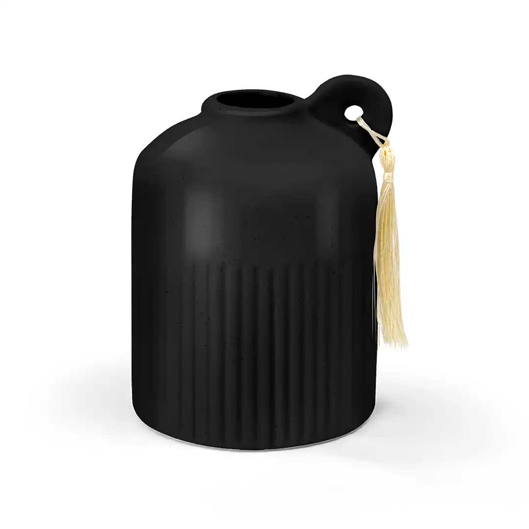 VASO DE PORCELANA DECORATIVO PRETO   COM ALÇA E PENDENTE 16CM                  