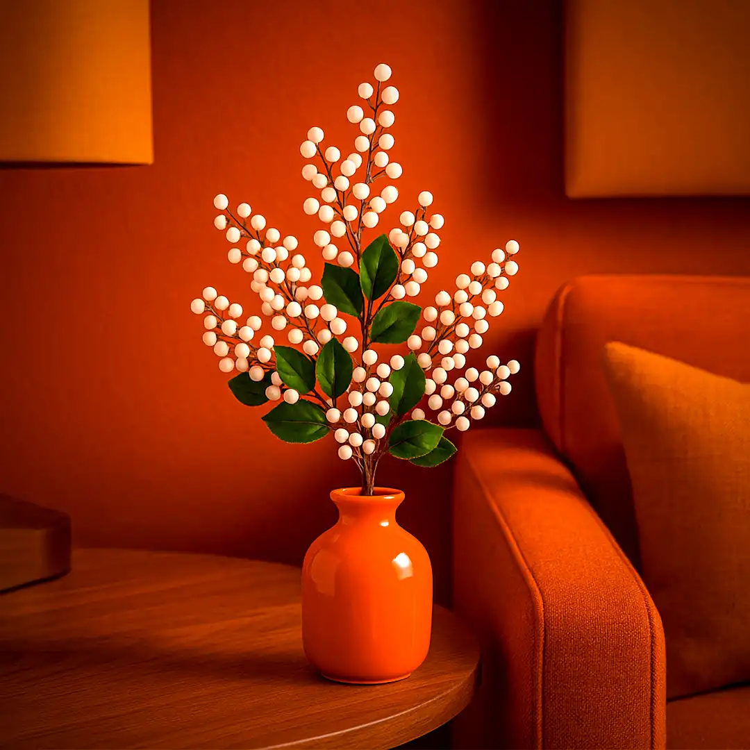 HASTE DECORATIVA COM BOLINHAS BRANCAS E FOLHAS VERDES 45CM