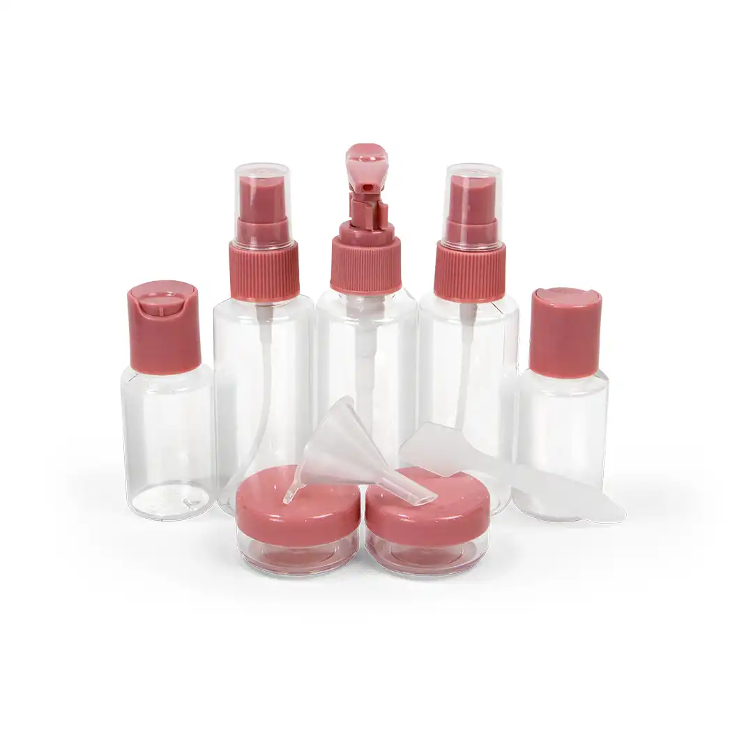KIT FRASCOS PARA VIAGEM 10 PEÇAS COM ESTOJO – ROSA PRÁTICO E COMPACTO