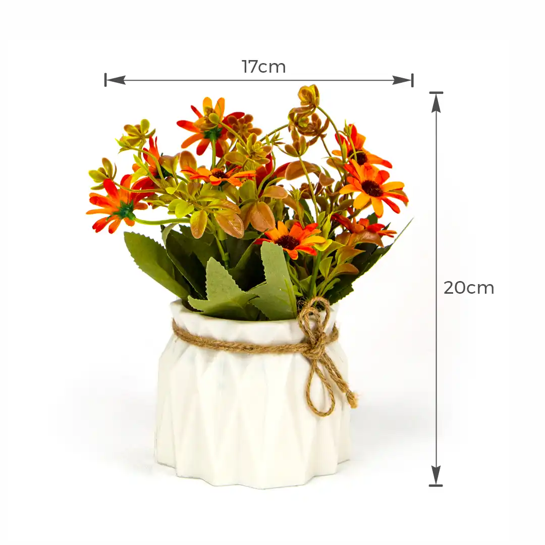 VASO DECORATIVO BRANCO COM FLORES ARTIFICIAIS LARANJA – 20 CM


