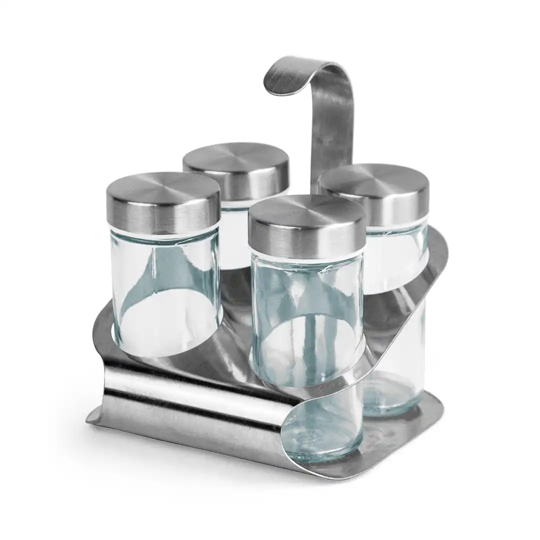 KIT PORTA CONDIMENTOS COM 4 RECIPIENTES EM VIDRO E SUPORTE DE INOX