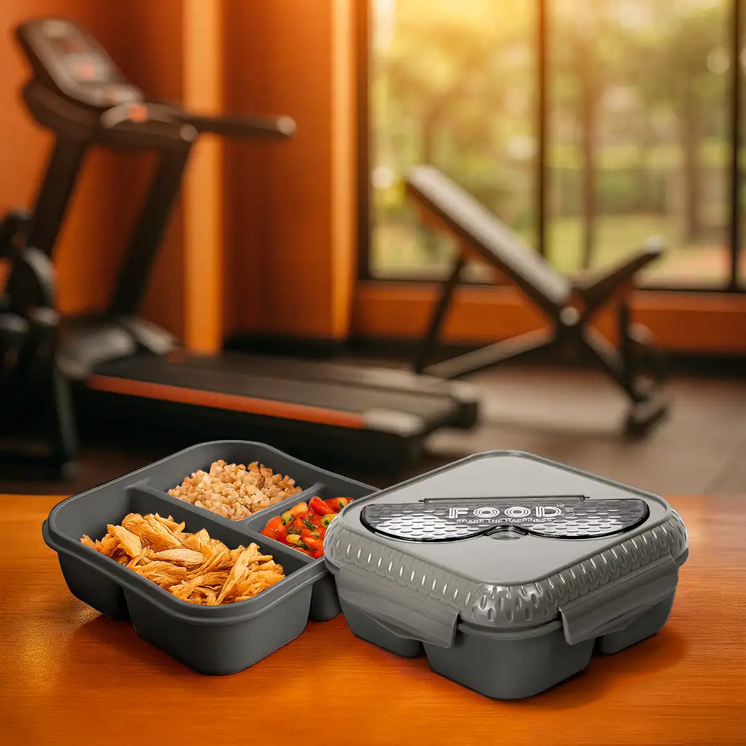 POTE MARMITA PLÁSTICO CINZA COM TAMPA, COLHER E GARFO INCLUSOS