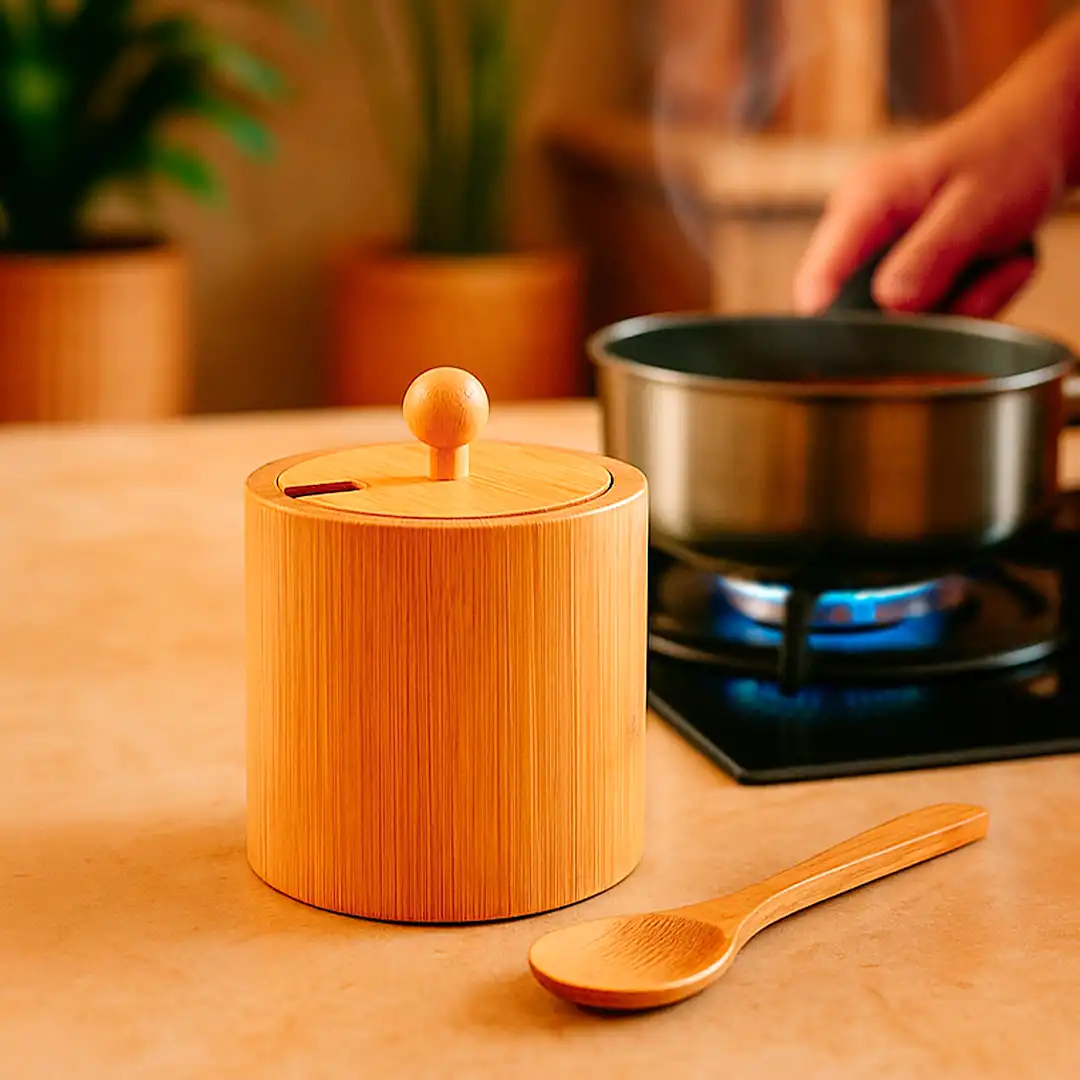 POTE DE BAMBU COM TAMPA E COLHER 8X8CM – PORTA TEMPEROS OU AÇUCAREIRO ECOLÓGICO