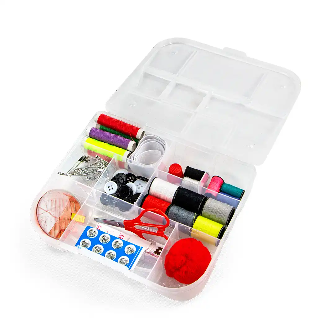 KIT DE COSTURA COMPLETO COM LINHAS, AGULHAS, TESOURA E ACESSÓRIOS EM CAIXA ORGANIZADORA