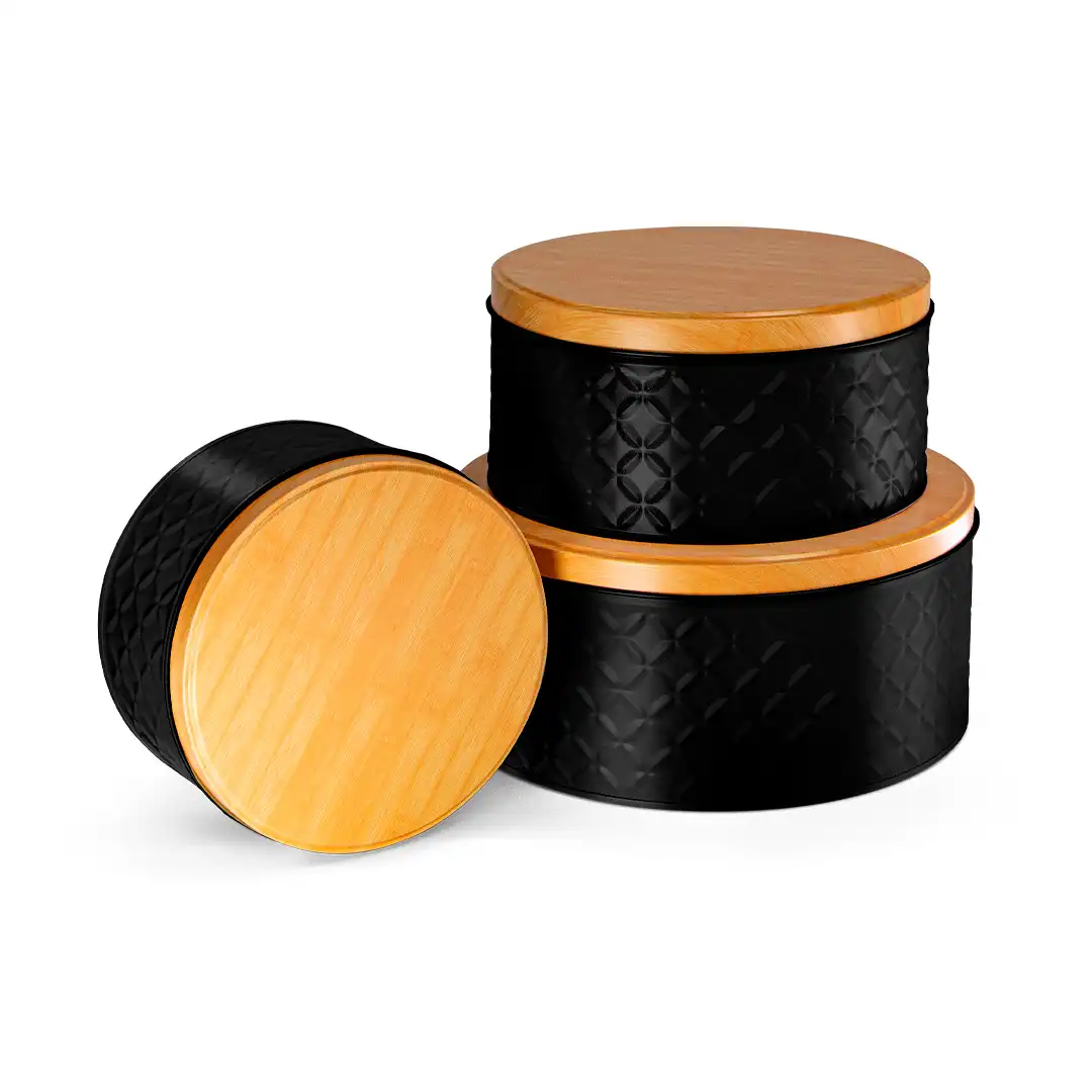 KIT COM 3 POTES DE METAL PRETO COM TAMPA – 21CM, 18CM, 14,3CM