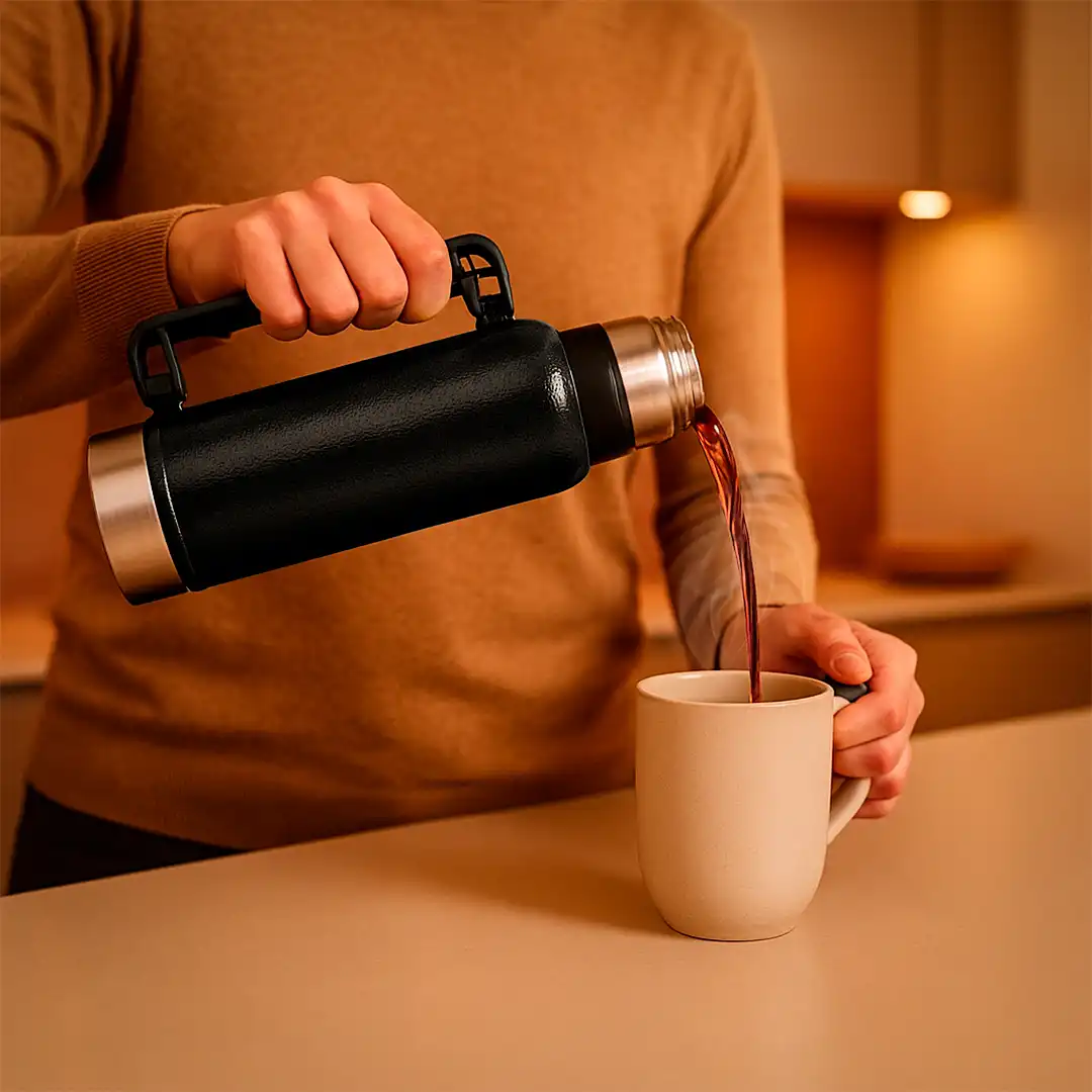 GARRAFA TÉRMICA EM INOX PRETO 1,2L COM ALÇA