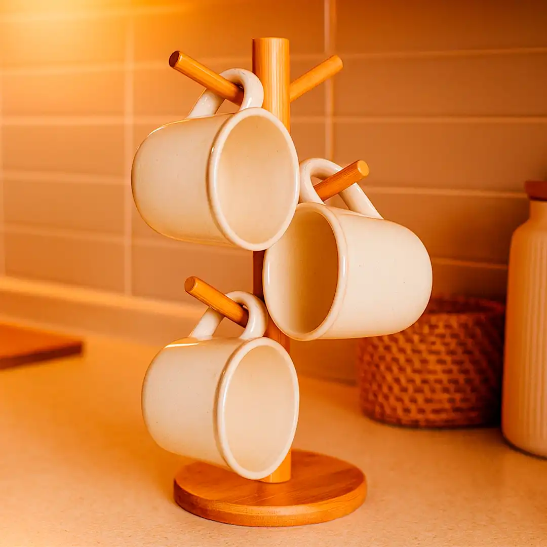 SUPORTE PARA XÍCARAS EM BAMBU – 6 GANCHOS, 35CM DE ALTURA