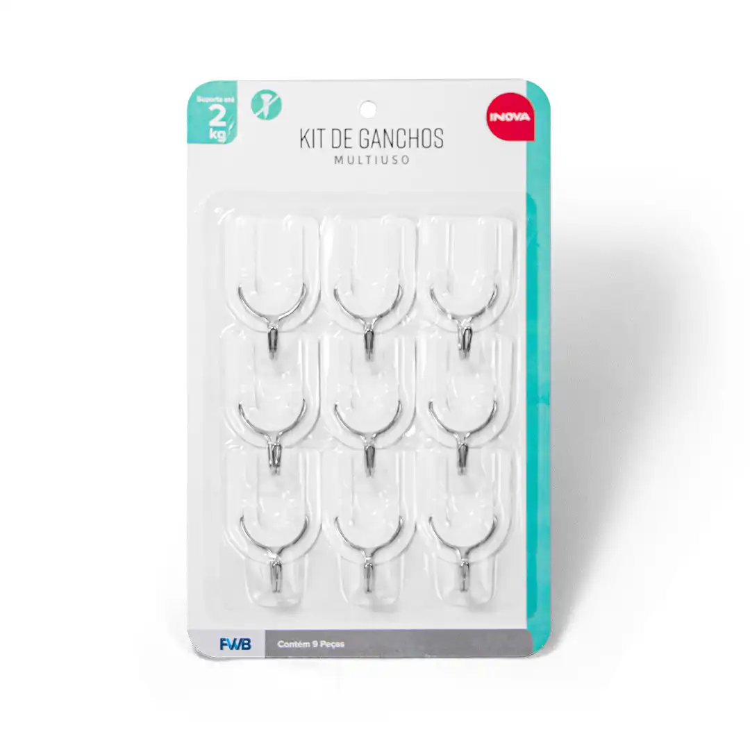KIT COM 9 GANCHOS ADESIVOS MULTIUSO SUPORTA ATÉ 2KG FIXAÇÃO SEM FUROS