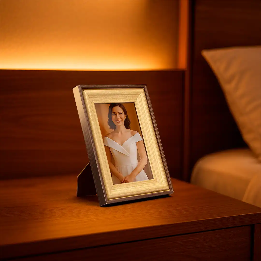 PORTA-RETRATO DECORATIVO 4X6 EM MDF MARROM ESCURO E MADEIRA CLARA COM PROTEÇÃO EM PLÁSTICO