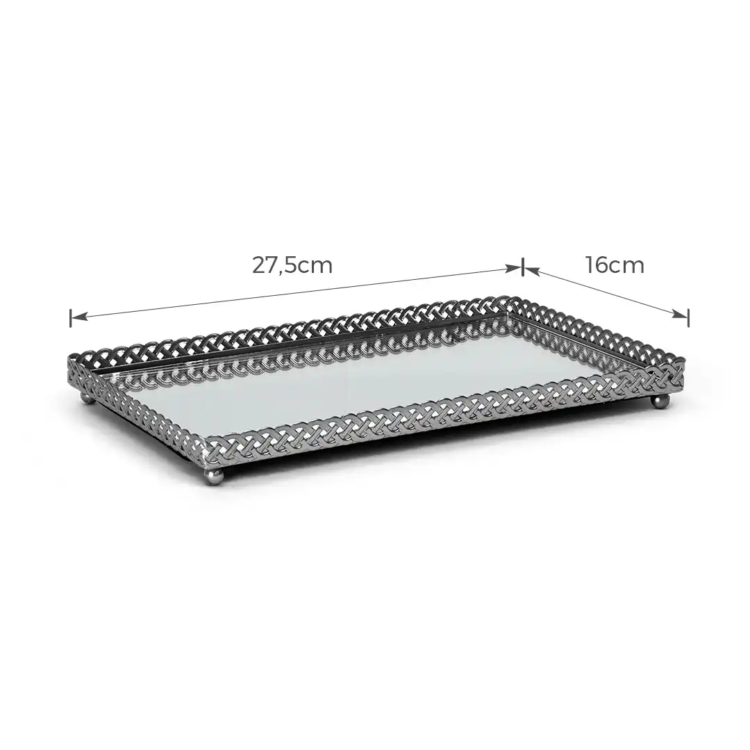 BANDEJA DECORATIVA ESPELHADA CINZA RETANGULAR 27,5CM 
