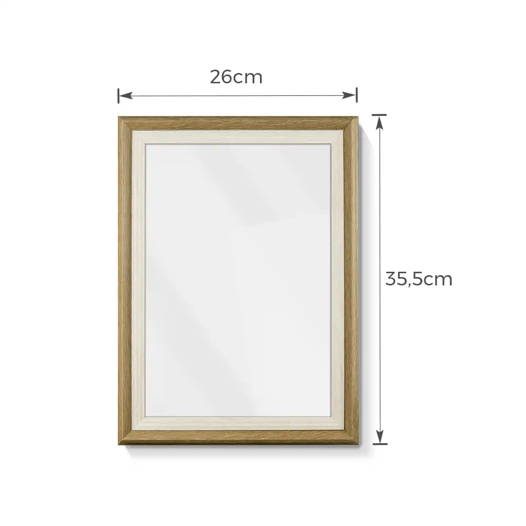PORTA-RETRATO DECORATIVO 6X8CM EM MDF MARROM CLARO E BRANCO COM PROTEÇÃO EM PLÁSTICO