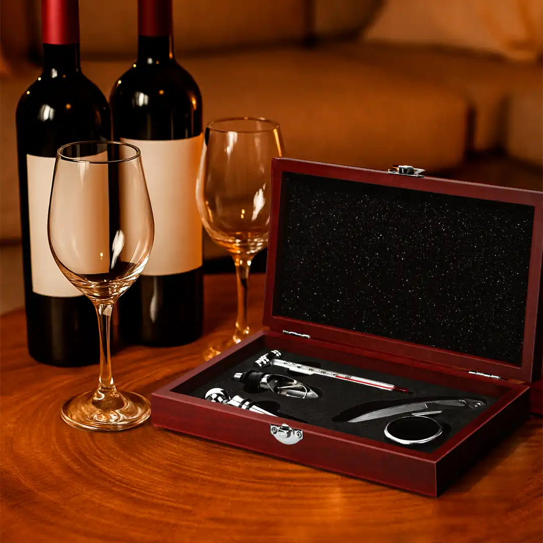 KIT PARA VINHO 5 PEÇAS COM CAIXA DE MADEIRA ELEGANTE E FUNCIONAL