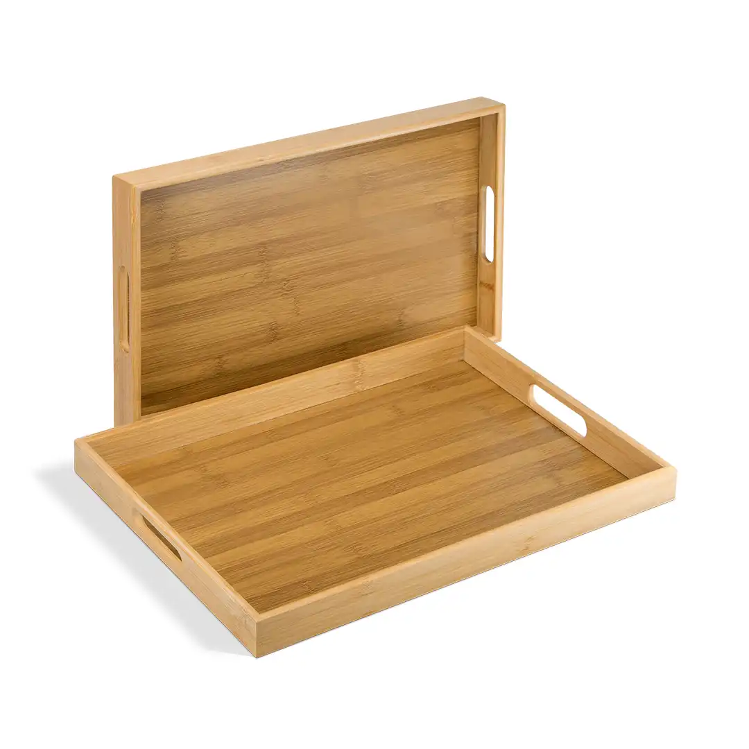 KIT BANDEJAS RETANGULARES DE BAMBU COM ALÇA – 2 PEÇAS 40CM E 38CM