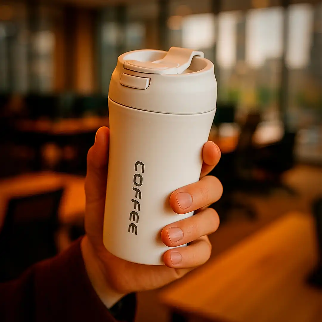 COPO TÉRMICO BRANCO 420ML COM TAMPA ANTIVAZAMENTO E INTERIOR EM INOX