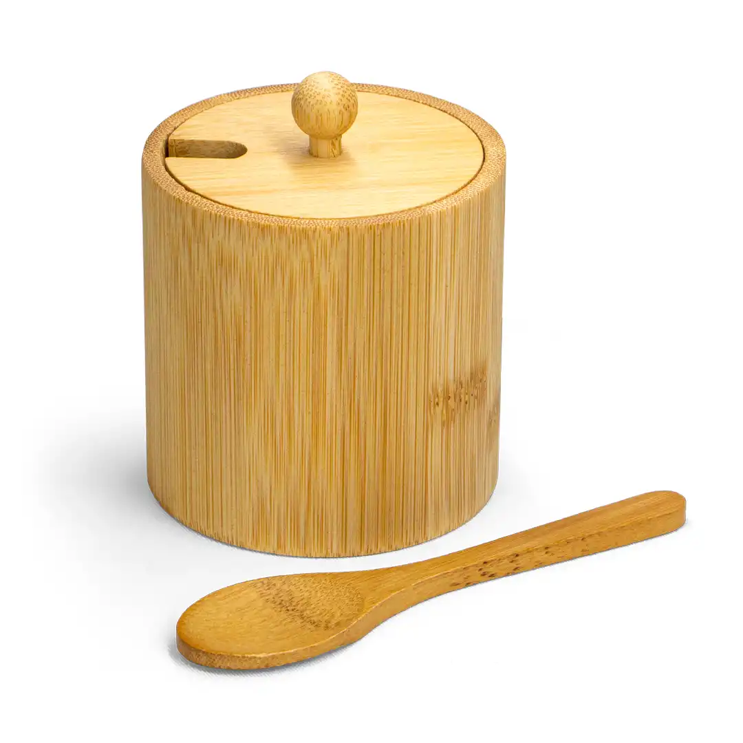 POTE DE BAMBU COM TAMPA E COLHER 8X8CM – PORTA TEMPEROS OU AÇUCAREIRO ECOLÓGICO