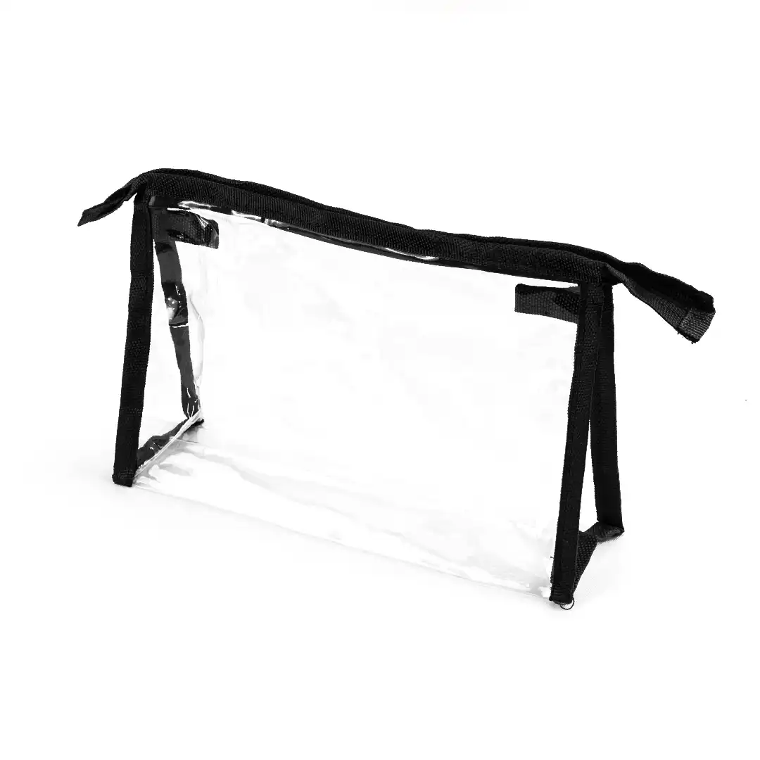 NECESSAIRE TRANSPARENTE COM FECHO E BORDAS DE TECIDO – 20x14CM