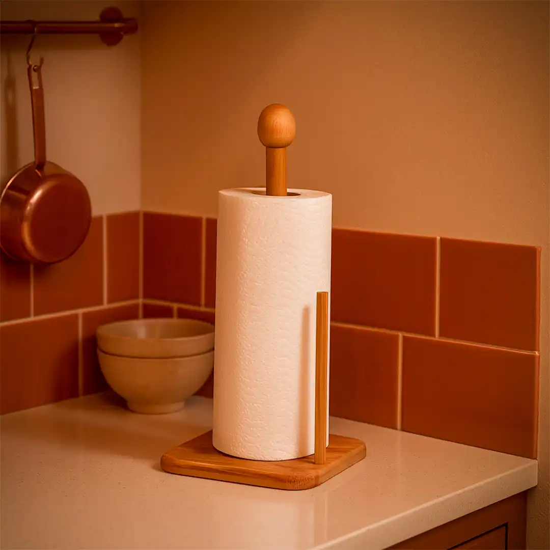 SUPORTE PARA PAPEL TOALHA EM BAMBU NATURAL – 34CM DE ALTURA