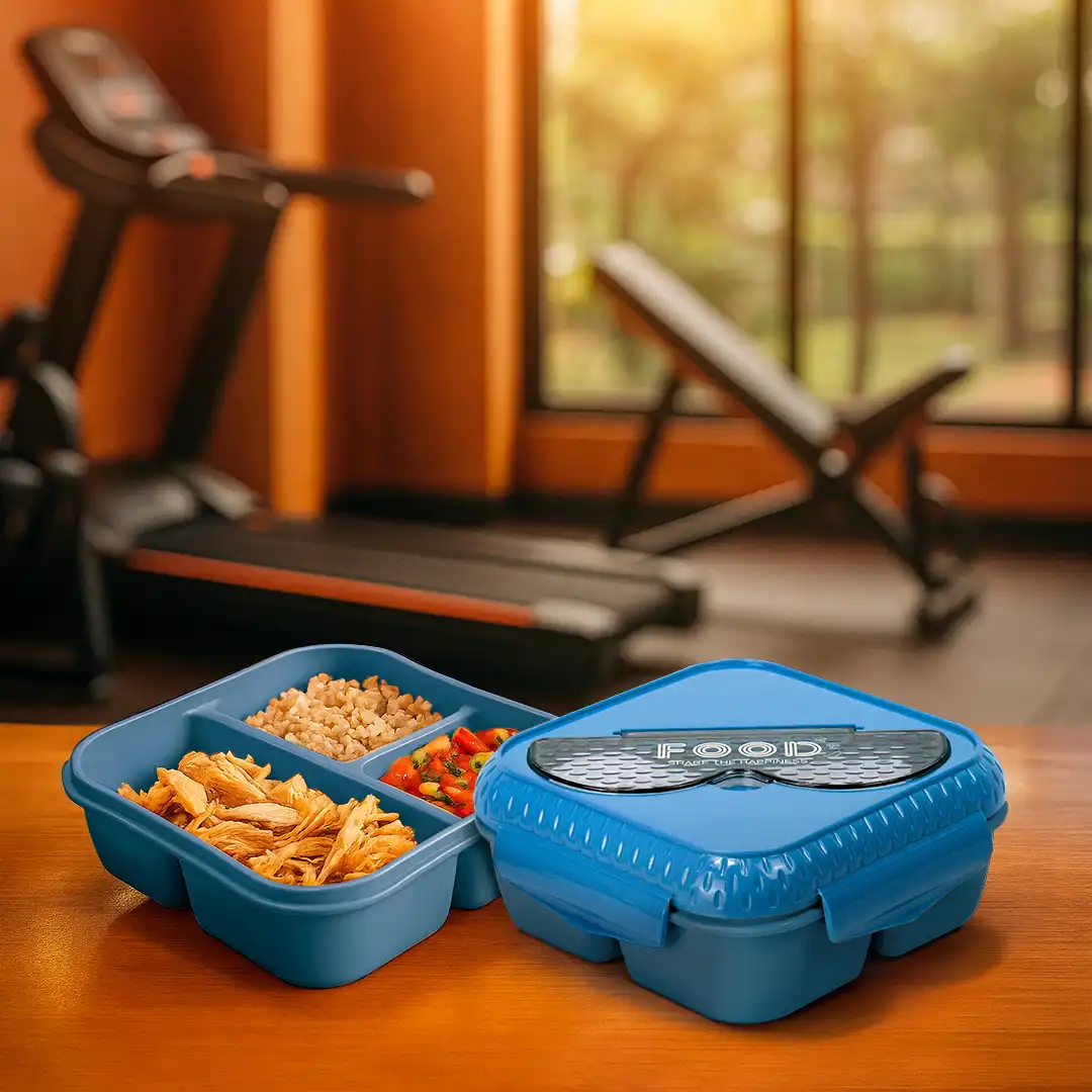 POTE MARMITA PLÁSTICO AZUL COM TAMPA, COLHER E GARFO INCLUSOS
