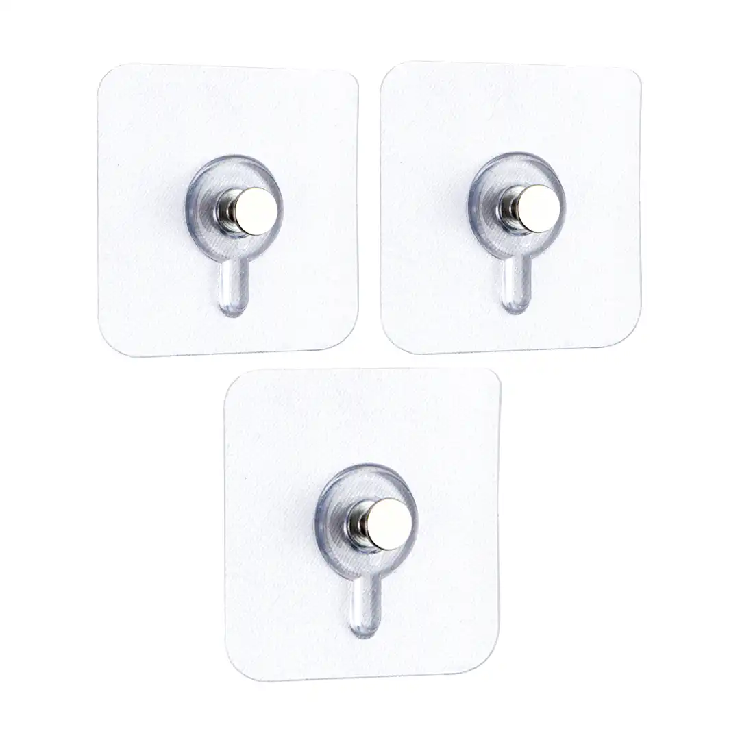 GANCHO ADESIVO TRANSPARENTE PLÁSTICO E METAL – KIT 3 PEÇAS